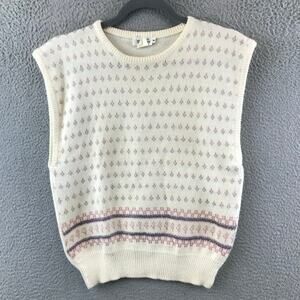 Vintage 80s TanJay Womens M Cream Wool Sweater Vest Fair Isle Pattern Preppy